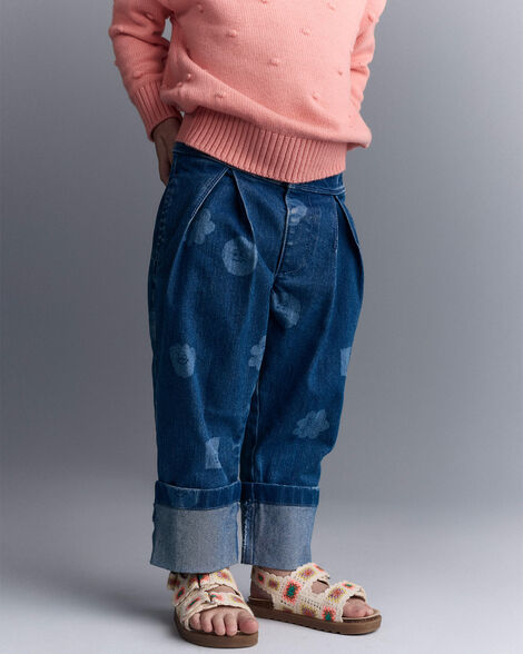 Toddler Girl Character Print Cuffed Pleat Pant in Denim - Blue
