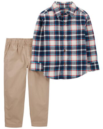 Toddler 2-Piece Plaid Button-Front Shirt & Pant Set