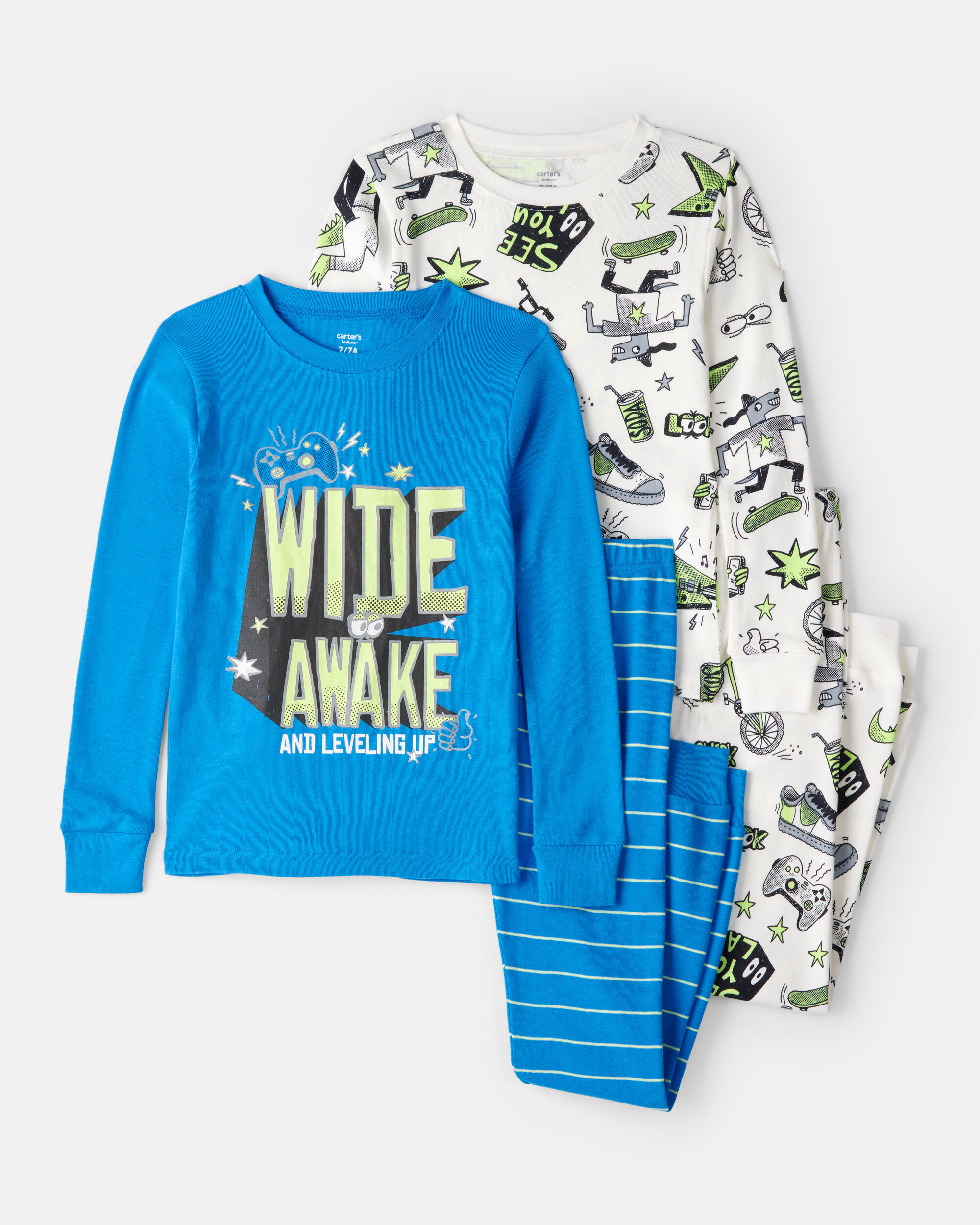 Boys Alligator 100% Cotton Loose Fit 4-Piece Pajamas - Blue/White