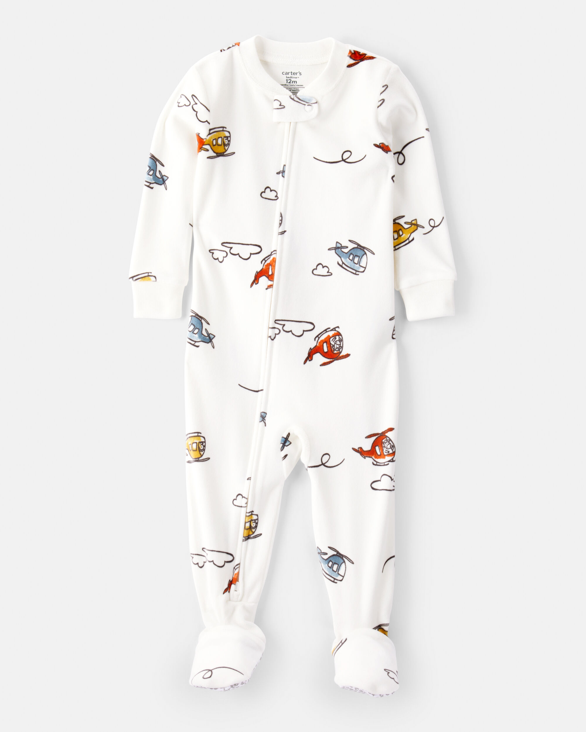 Baby Boy Helicopter Print Snug Fit Long-Sleeve 2-Way Zip 1-Piece Pajamas - White