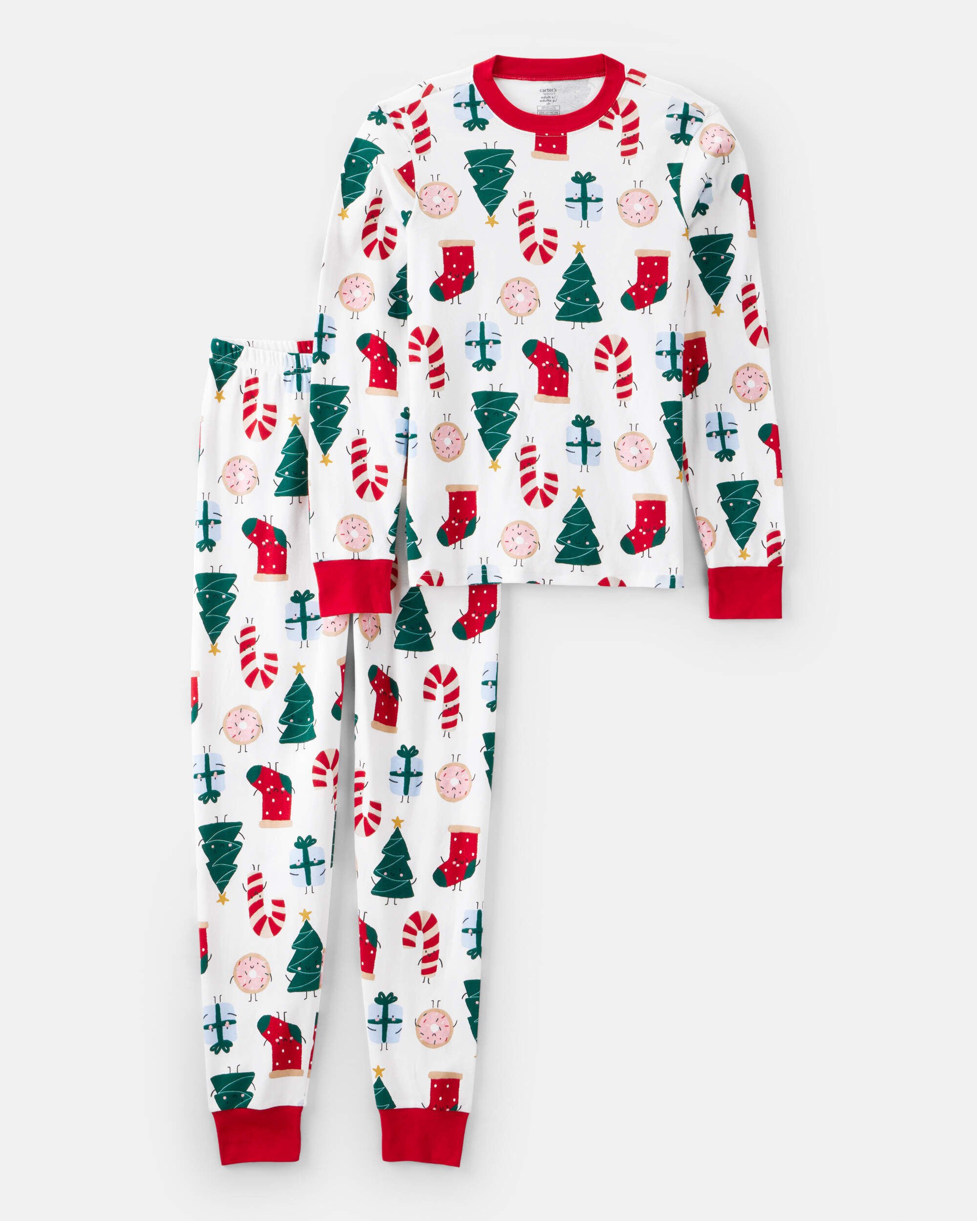 Adult Festive Friends Christmas 100% Cotton Long-Sleeve Snug Fit 2-Piece Pajamas - White