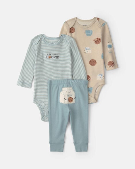 baby boy 3-piece milk & cookies long-sleeve bodysuit & pant set - blue/cream