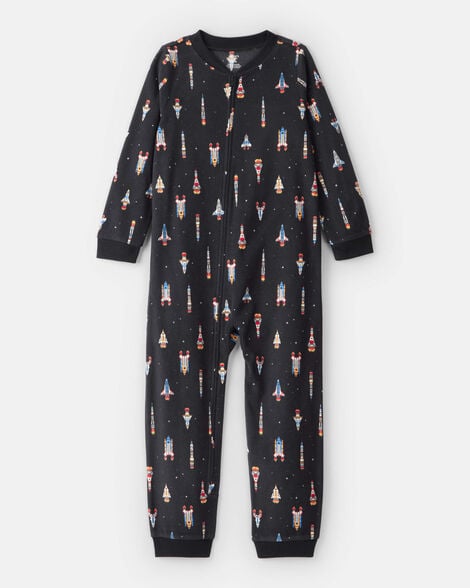 boys rocket ship print fleece long-sleeve loose fit 1-piece pajamas - black