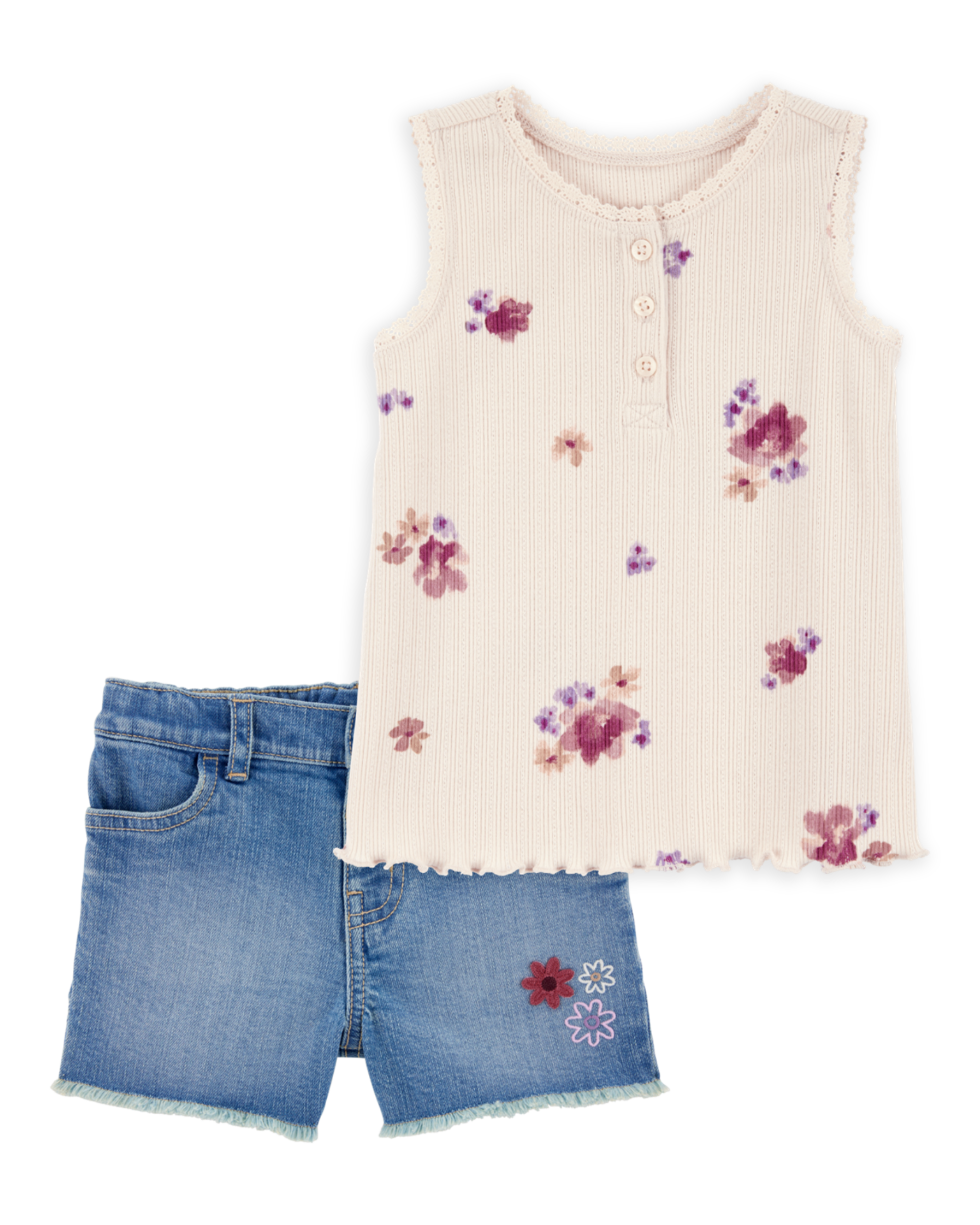 Toddler 2-Piece Floral Ribbed Tank Top & Denim Shorts Set - Ivory/Blue