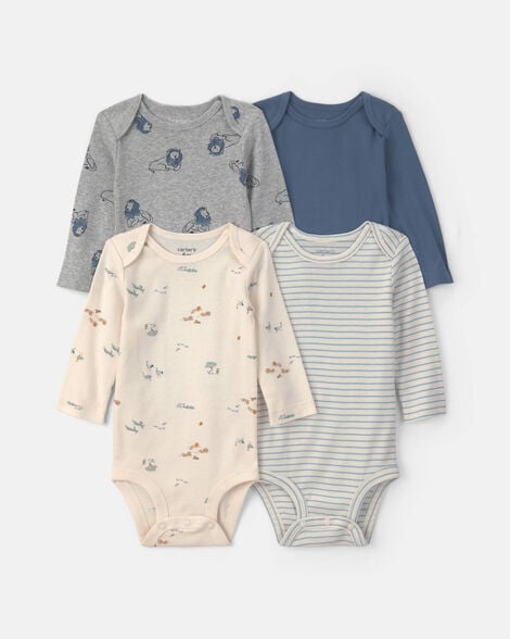 baby boy 4-pack safari long-sleeve bodysuits - blue/grey/ivory