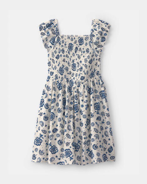 Girls Smocked Floral Dress - Blue/Ivory