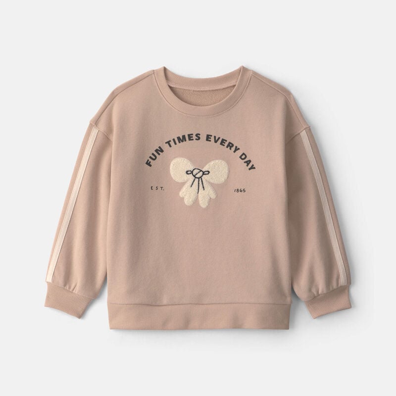 Toddler Girl 'Fun Times Every Day' Bow French Terry Pullover Sweatshirt - Tan