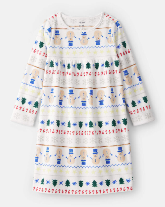 Product image 1 of Girls Snowman Fair Isle Fleece Long-Sleeve Loose Fit Night Gown - White