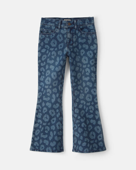 Girls Leopard Denim Flare Jeans - Dark Wash