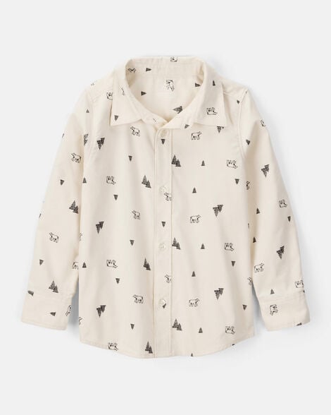 boys christmas print corduroy long-sleeve button-down shirt - ivory