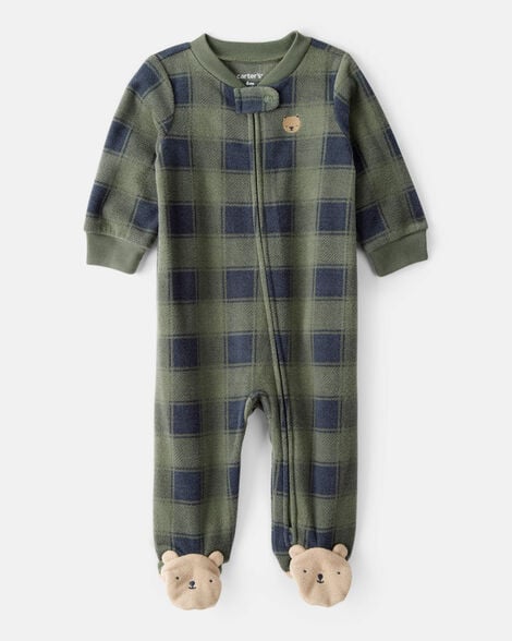 baby boy bear plaid print fleece loose fit long-sleeve sleep & play pajamas - green