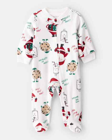 baby beige santa milk & cookies loose fit fleece long-sleeve sleep & play pajamas - white