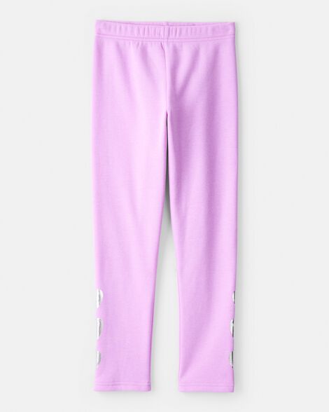 girls metallic heart cozy fleece pull-on stretch leggings - purple