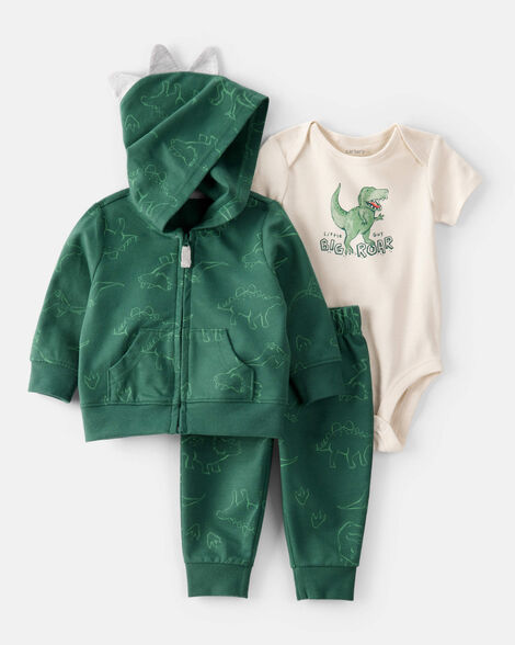 baby 3-piece "little guy big roar" dinosaur jacket outfit set - green/ivory