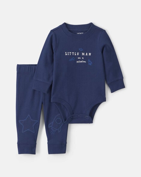 baby boy 2-piece 'little man on a mission' space long-sleeve bodysuit & pant set - navy blue