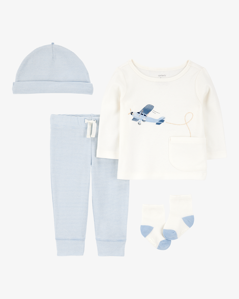 baby 4-piece airplane print outfit set - blue
