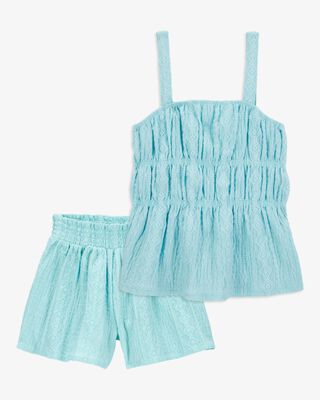 Product image 1 of Kid 2-Piece Ruched Textured Tank & Pull-On Smocked Shorts Set - Blue