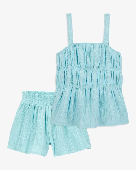 Product image 1 of Kid 2-Piece Ruched Textured Tank & Pull-On Smocked Shorts Set - Blue