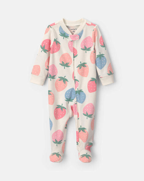 baby girl 2-way zip strawberry cotton sleep & play pajamas - cream/blue/coral