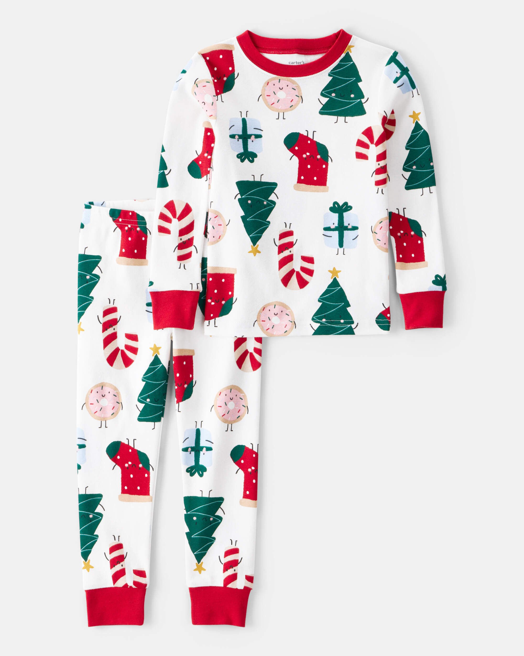 Toddler Festive Friends Santa Christmas 100% Cotton Long-Sleeve Snug Fit 2-Piece Pajamas - White