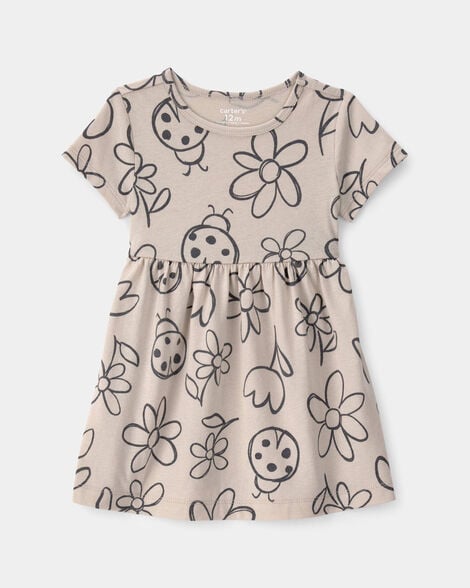 baby girl floral ladybug short-sleeve dress - brown