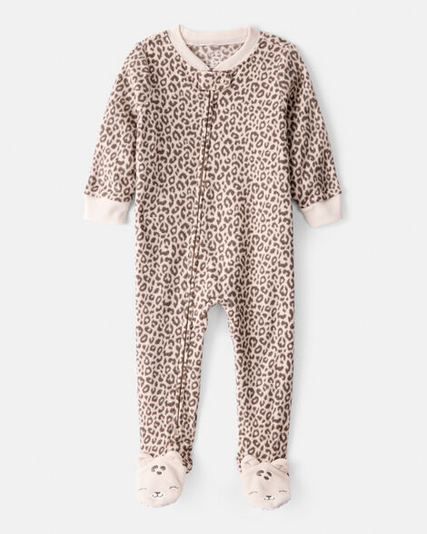 baby girl leopard fleece long-sleeve loose fit 1-piece pajamas - brown