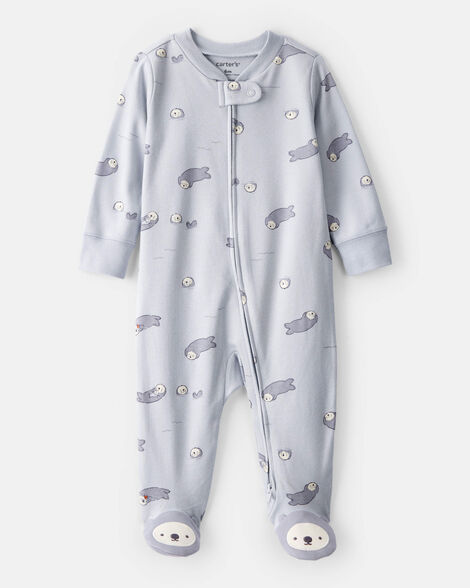 baby otter print 100% cotton long-sleeve snug fit sleep & play pajamas - blue