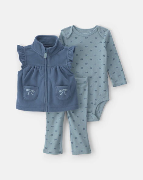 baby girl 3-piece bows fleece layering set - blue