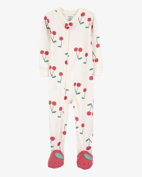  Product image 1 of Baby Cherry Print Snug Fit Cotton Footie 1-Piece Pajamas - White