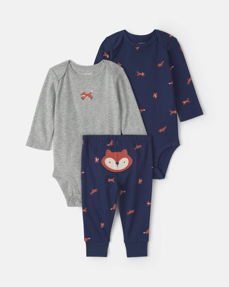 baby boy 3-piece fox long-sleeve bodysuit & pant set - navy blue/grey