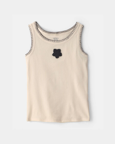 girls flower embroidered rib tank top - ivory
