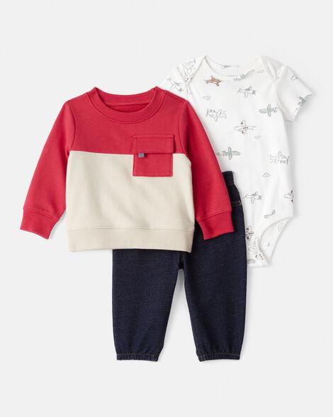 baby boy 3-piece airplane sweatshirt outfit set - red/ivory