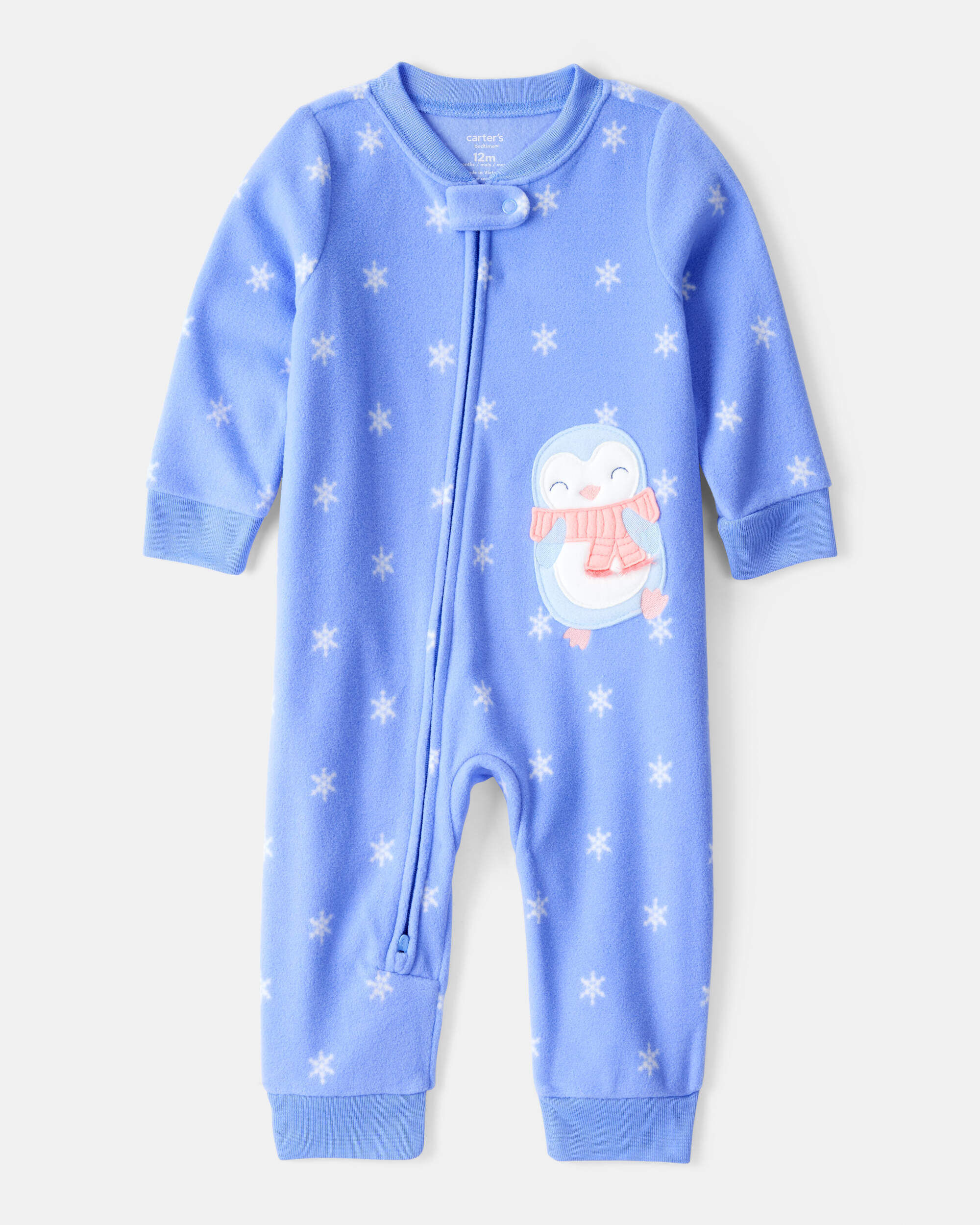 Baby Girl Penguin Fleece Long-Sleeve Loose Fit 1-Piece Pajamas - Blue