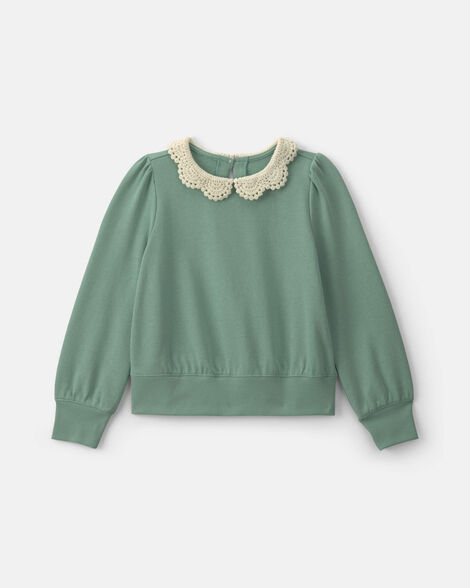 girls floral collar french terry pullover sweatshirt - green