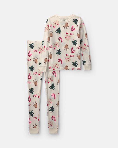 Image of Kids 2-Piece Christmas Holiday Icon 100% Cotton Snug Fit Pajama Set - Cream