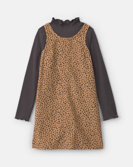 girls 2-piece leopard corduroy long-sleeve dress set - brown/black