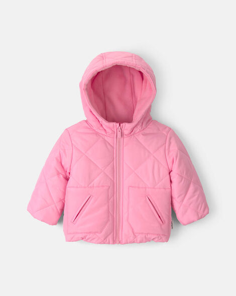 baby girl hooded heavyweight quilted winter jacket - pink