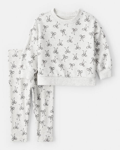 baby girl bow print long-sleeve tee & pant set - grey