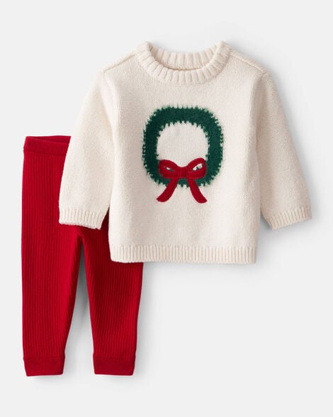 baby girl 2-piece wreath long-sleeve sweater & pant set - white/red