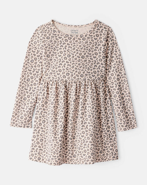 toddler girl leopard print long-sleeve dress - brown