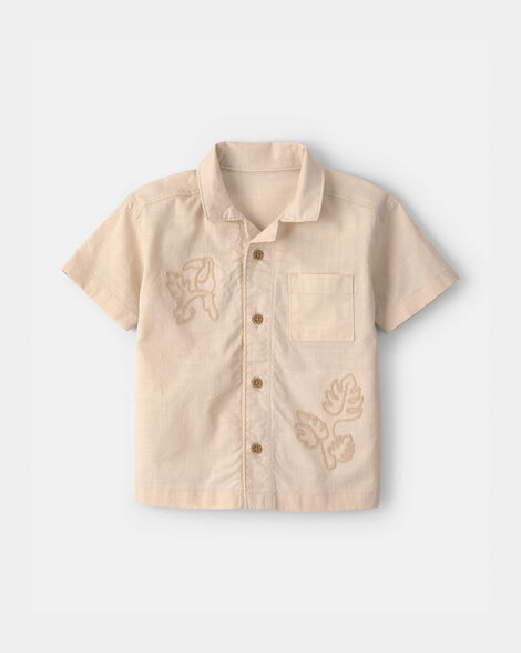 toddler boy toucan embroidered short-sleeve button-down shirt - khaki