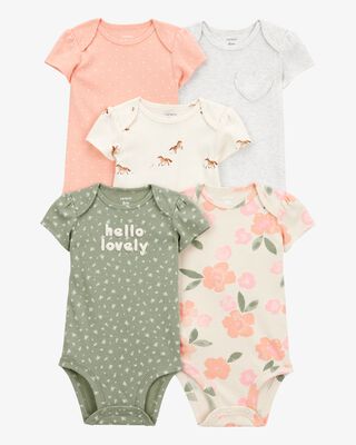 Product image 1 of 5-Pack Floral Horses Short-Sleeve Cotton Bodysuits - Pink/Green