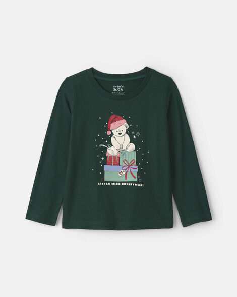 toddler girl christmas bear long-sleeve graphic tee - green