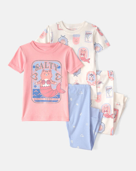baby girl mermaid cat 100% cotton snug fit 4-piece pajama set - pink/ivory