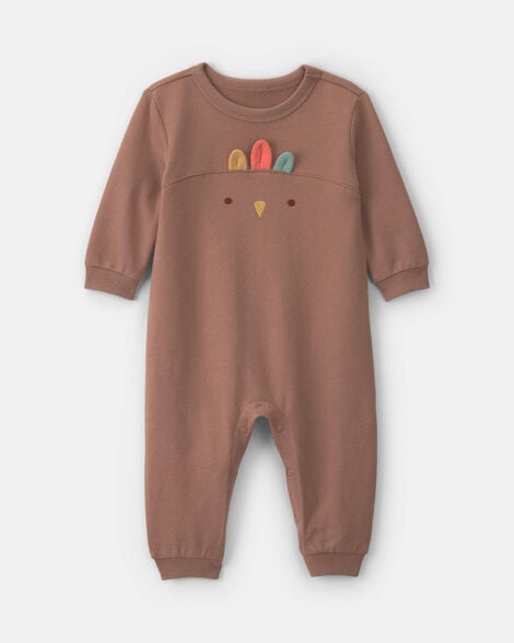 baby turkey thanksgiving french terry long-sleeve jumpsuit - brown