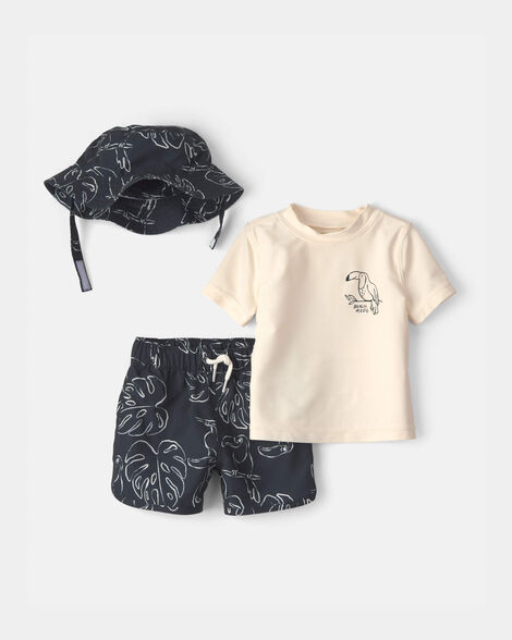 baby boy 3-piece toucan rashguard swimsuit set - black/ivory