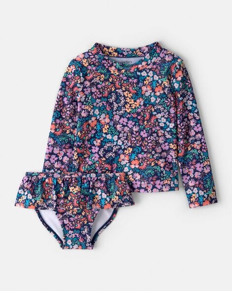 toddler girl 2-piece floral long-sleeve rashguard swimsuit set