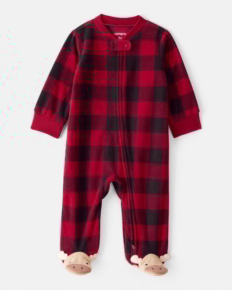 baby plaid print reindeer christmas loose fit long-sleeve sleep & play pajamas - red