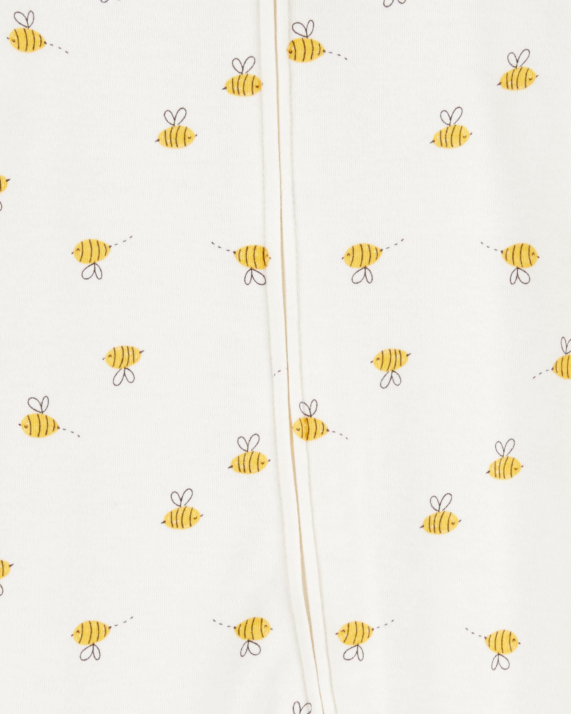 Baby Bee Print 2-Way Zip Cotton Sleep & Play Pajamas - Cream