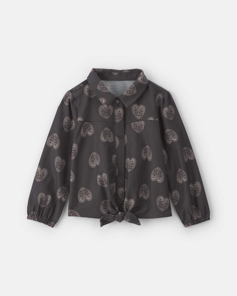 Toddler Girl Heart Twill Long-Sleeve Tie Top - Black